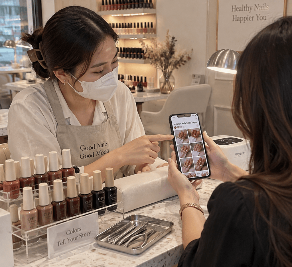 Klien berkonsultasi dengan nail artist salon menggunakan mood board inspirasi autumn nails dari Pinterest.