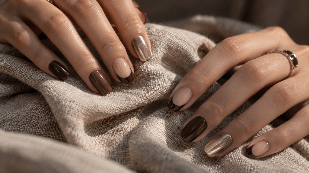 Detail variasi chocolate brown nail art menampilkan kombinasi French tip terbalik dan aksen chrome.
