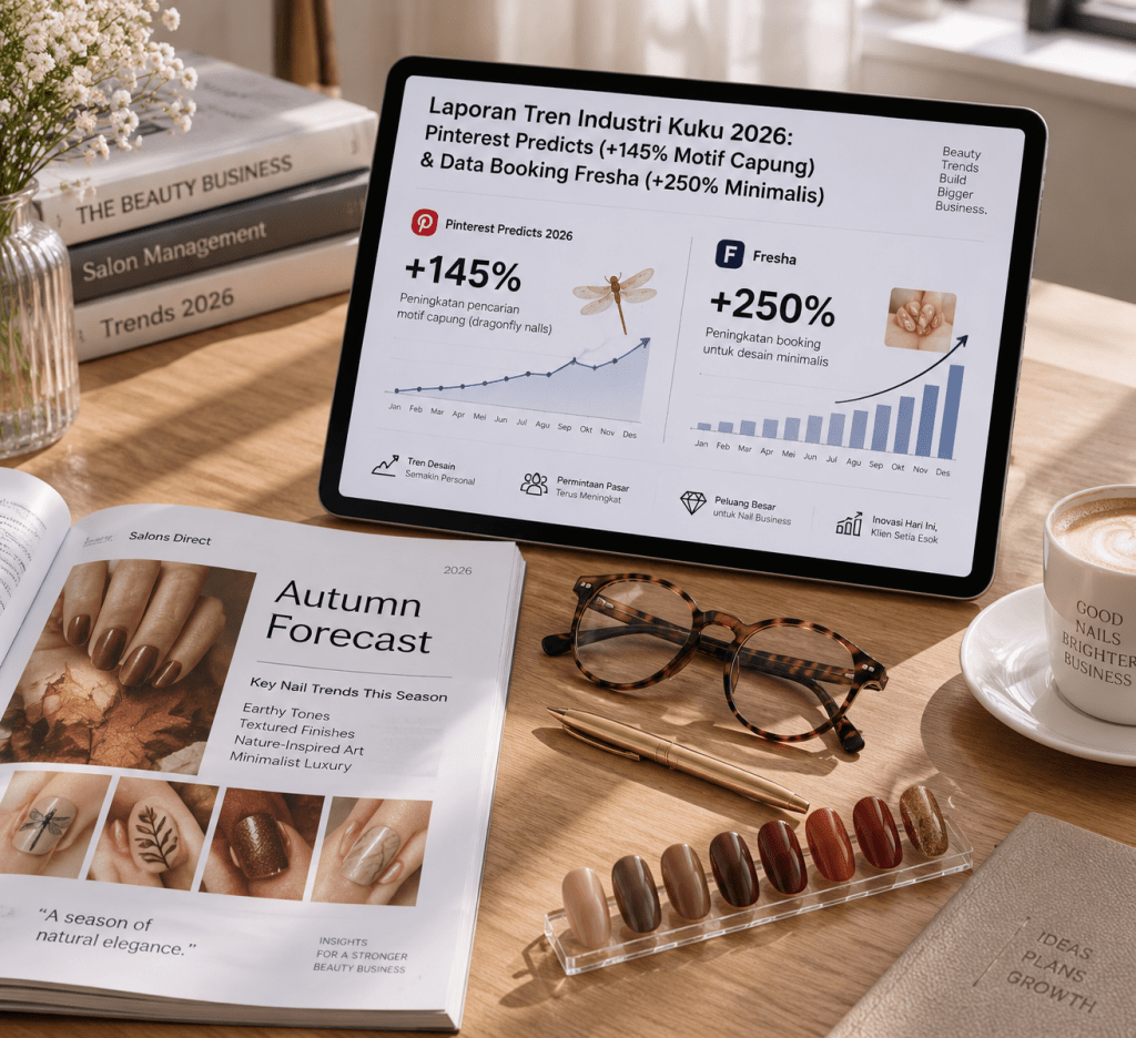 Tablet menampilkan data analitik lonjakan pencarian Pinterest Predicts dan reservasi salon Fresha 2026.