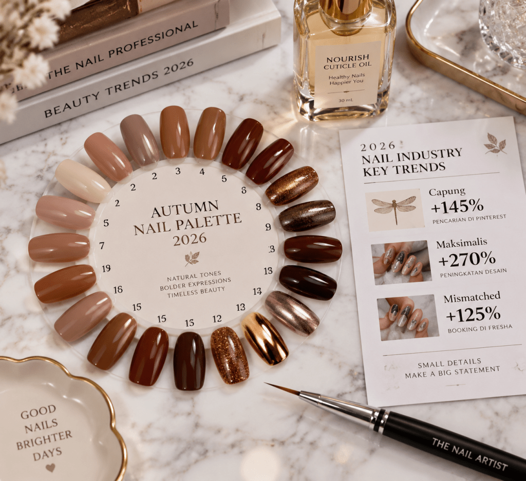 Roda sampel warna kuku swatch memetakan palet gradasi cokelat dan data statistik tren kuku musim gugur.