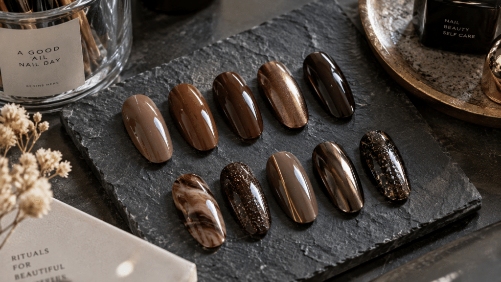 Deretan contoh kuku buatan dengan palet variasi warna chocolate brown nail art dari mocha hingga espresso.