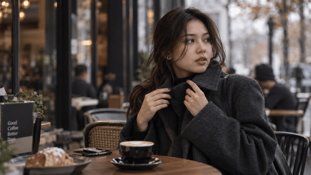 Gaya elegan busana hangat berpadu dengan aksen chocolate brown nail art pada jamuan minum teh.