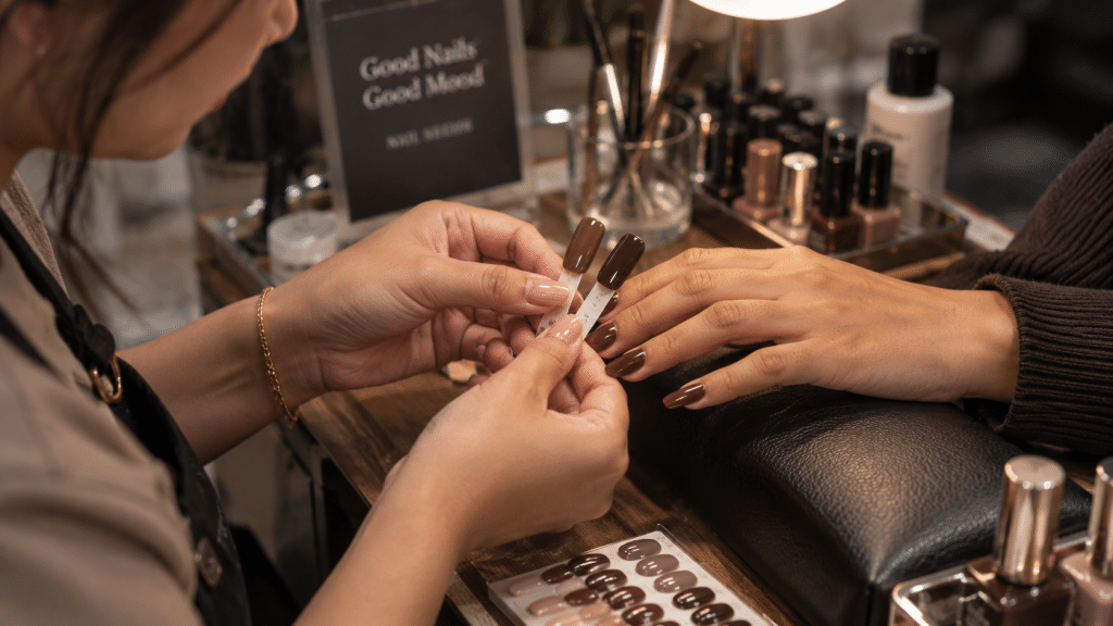 Nail artist profesional membandingkan contoh shade chocolate brown nail art pada kulit klien.