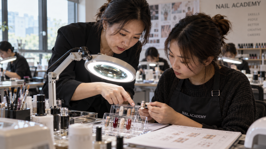 Dua praktisi nail art mengamati hasil polesan kuku di bawah lampu meja pembesar untuk memeriksa kerapian garis.