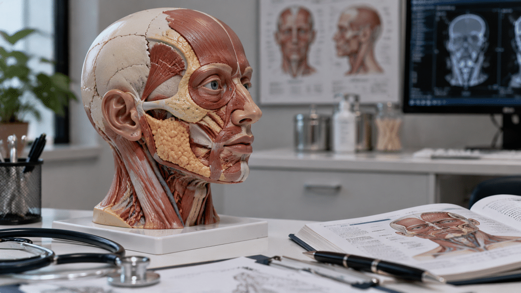 Model anatomi medis 3D fisik di atas meja dokter yang menunjukkan struktur lapisan tulang, otot, dan kulit pada wajah manusia.
