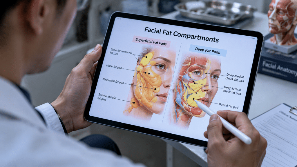 Tampilan layar tablet medis yang sedang dipegang oleh dokter, menampilkan diagram pembagian kompartemen lemak superfisial dan dalam pada wajah.