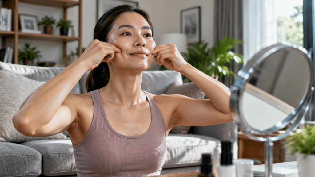 Seorang wanita berfokus melakukan rutinitas senam wajah (facial yoga) untuk melatih otot pipi di ruang tamu yang terang.