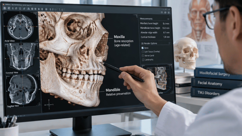 Dokter bedah plastik mengevaluasi struktur penopang tulang wajah dan rahang melalui hasil pemindaian medis di layar monitor.