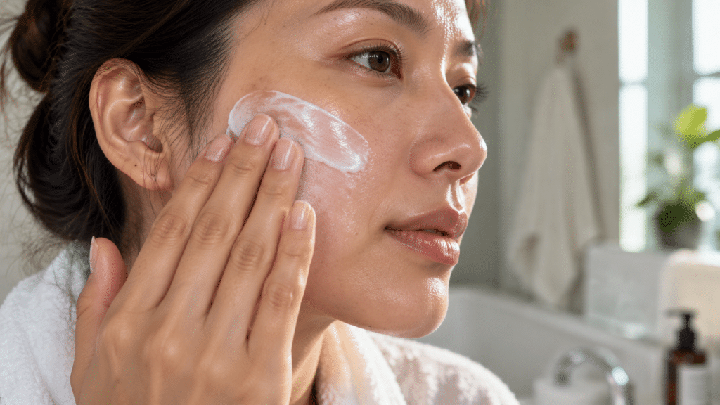 Tampilan jarak dekat seseorang mengaplikasikan tabir surya (sunscreen) secara merata pada wajah sebagai langkah pencegahan penuaan kulit.