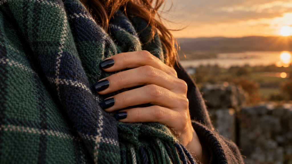 Tangan model berkuku safir pekat memegang syal wol tartan kasmir musim gugur.