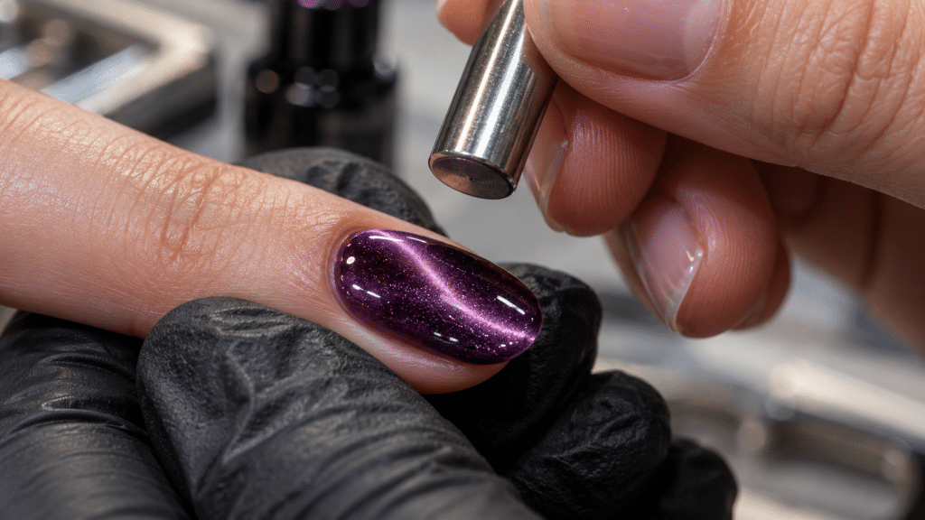 Nail technician mengarahkan batang magnet di atas kuku berlapis gel cat eye untuk menciptakan garis ilusi optik berkilau.