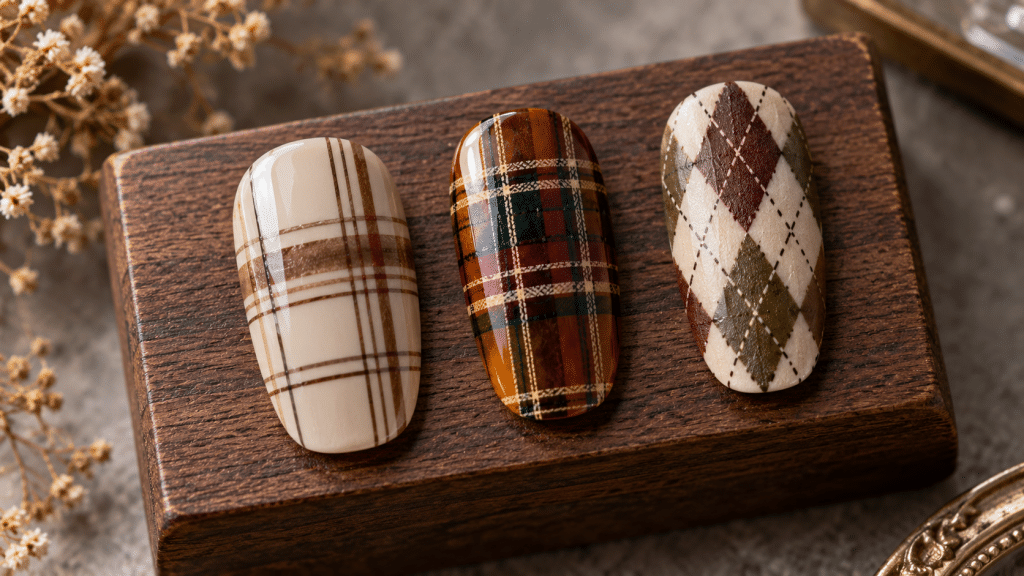 Tiga kuku peraga menampilkan perbedaan desain garis silang plaid, pola tartan tradisional, dan geometri argyle.