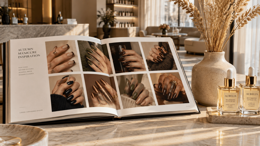 Meja inspirasi salon menampilkan buku panduan visual tren kuku musim gugur 2026 dan botol warna kurasi.